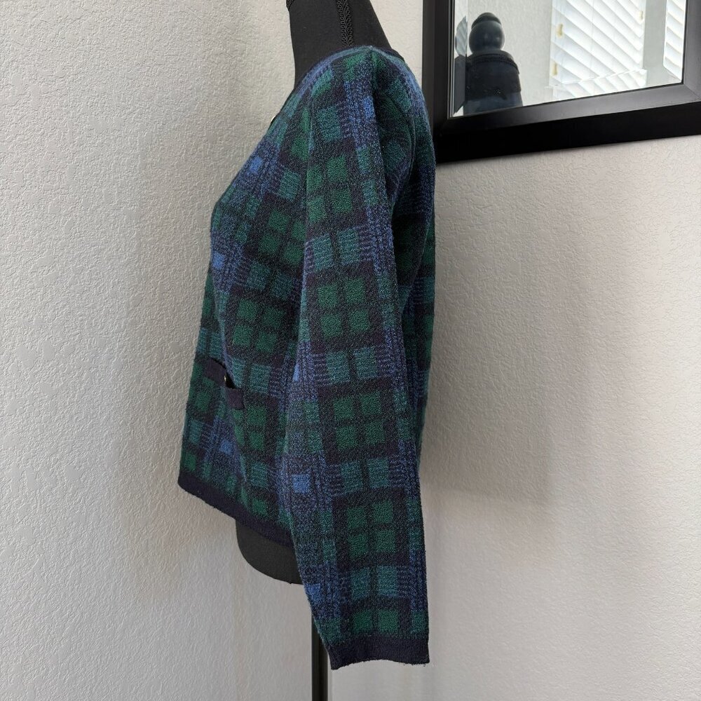 VINTAGE 80s Talbots Tartan Plaid Blue Green Cardigan Sweater Medium - Picture 7 of 14